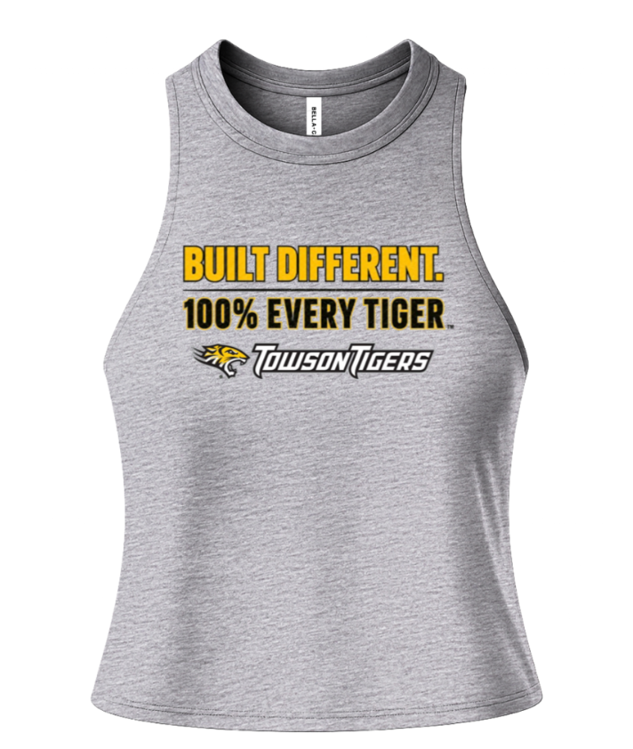 Gray sleeveless shirt with “BUILT DIFFERENT. 100% EVERY TIGER.” and Towson Tigers logo.