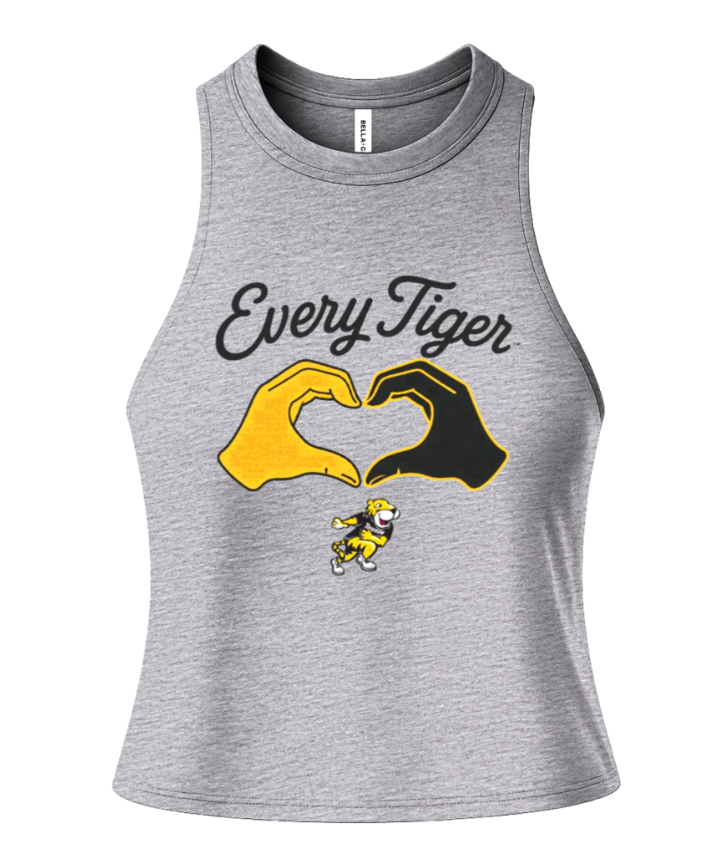 Gray tank top with “Every Tiger” text, yellow and black hands forming a heart, and a small tiger mascot