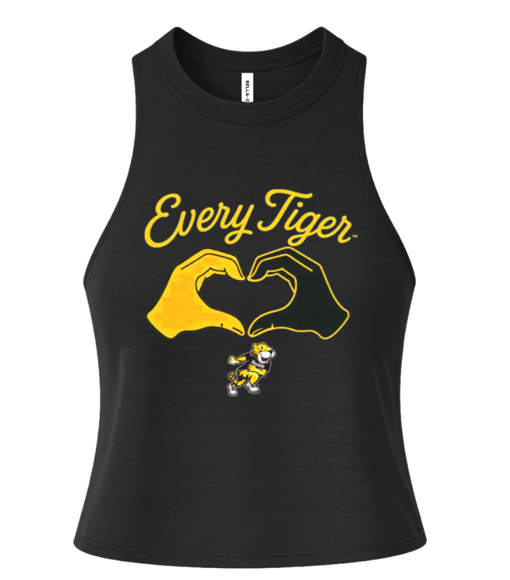 Black tank top with yellow “Every Tiger.” text and a hand-heart graphic over a small tiger mascot
