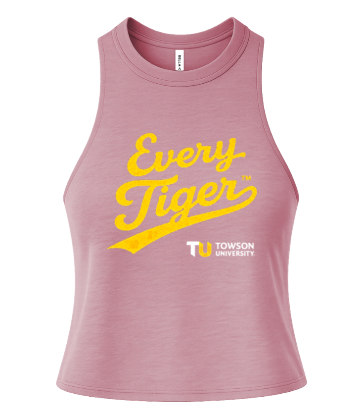 Pink sleeveless Towson University tank top with yellow “Every Tiger” text and logo