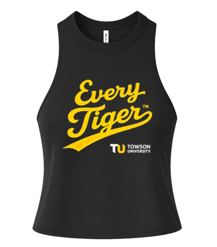 Black sleeveless top with gold “Every Tiger” and Towson University logo