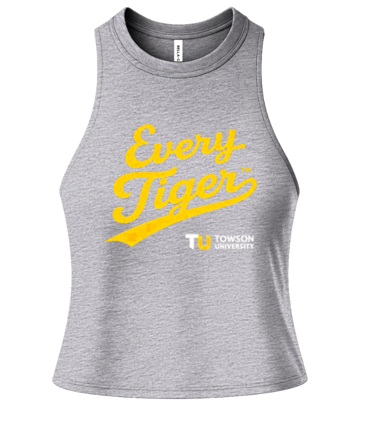 Gray sleeveless tank top with yellow “Every Tiger” and Towson University logo