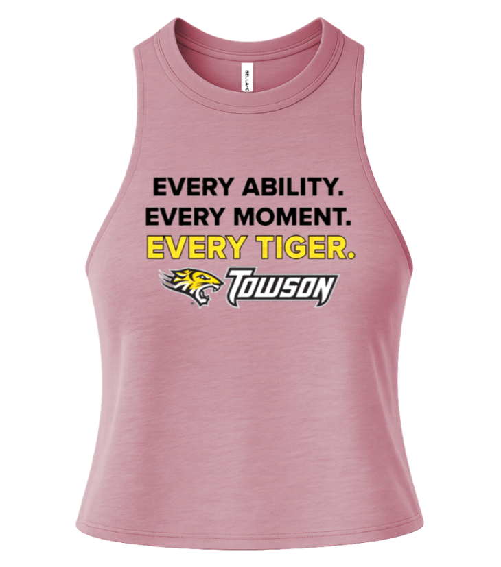 Pink sleeveless Tulson tank top with “EVERY ABILITY. EVERY MOMENT. EVERY TIGER.” text and tiger logo