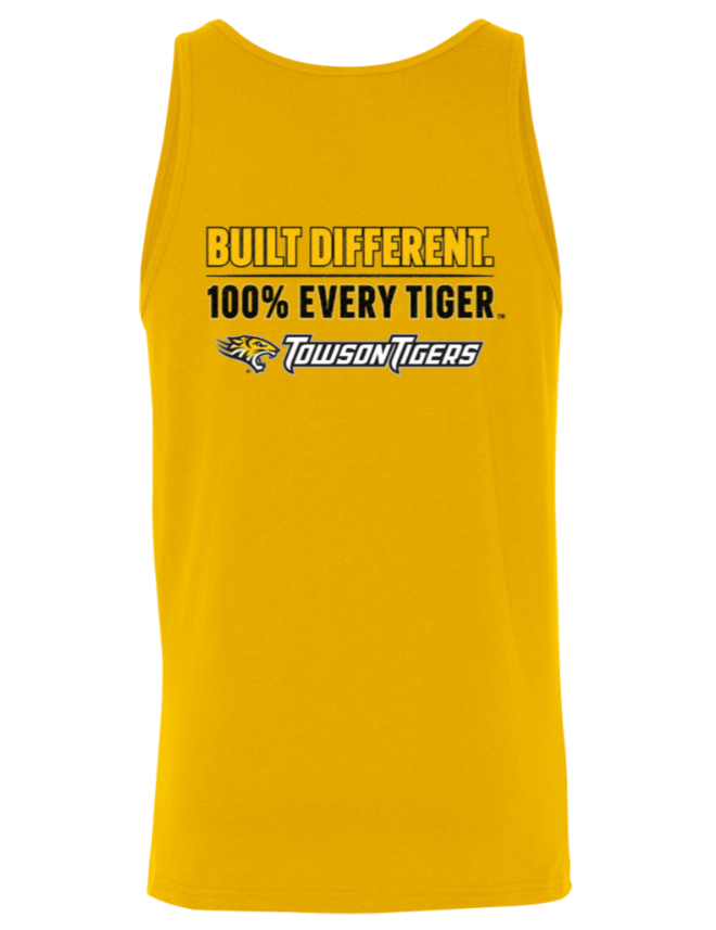 Yellow sleeveless tank top with “Built Different. 100% Tiger Tiger.” and a PowerTigers logo