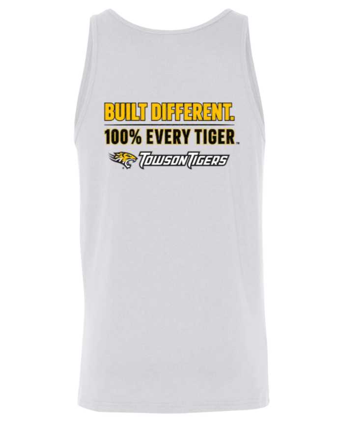 White tank top with "Built Different. 100% Every Tiger." and Tiger University logo