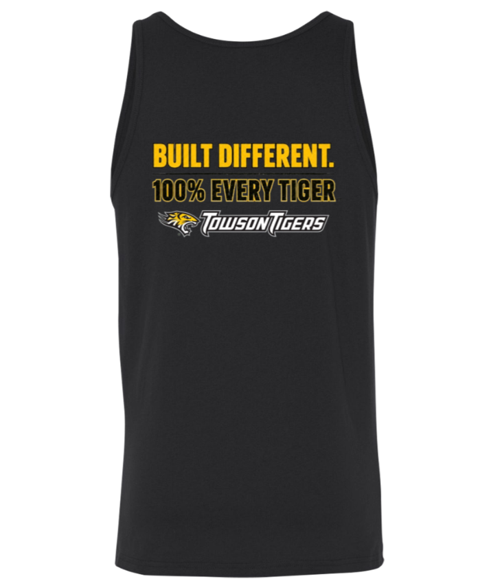 Black sleeveless tank top with yellow and white “Built Different” Harley-Davidson style text and tiger graphic