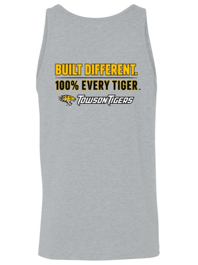 Gray tank top with “Built Different, 100% Every Tiger” slogan in black and yellow text