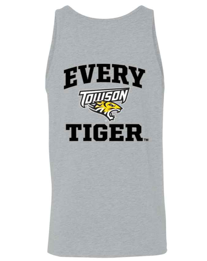 Gray sleeveless tank top with “EVERY TOWSON TIGER” print and tiger logo