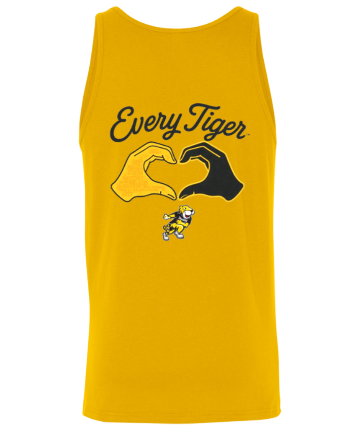 Yellow tank top with “Every Tiger” text and a hand-heart graphic in black and gold.
