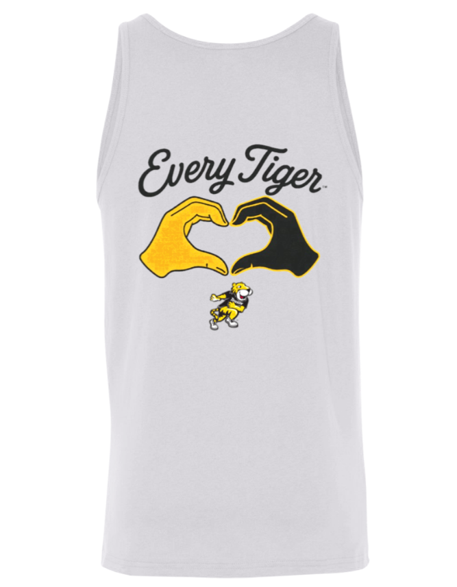 White tank top with “Every Tiger” text and yellow-and-black graphic hands forming a heart