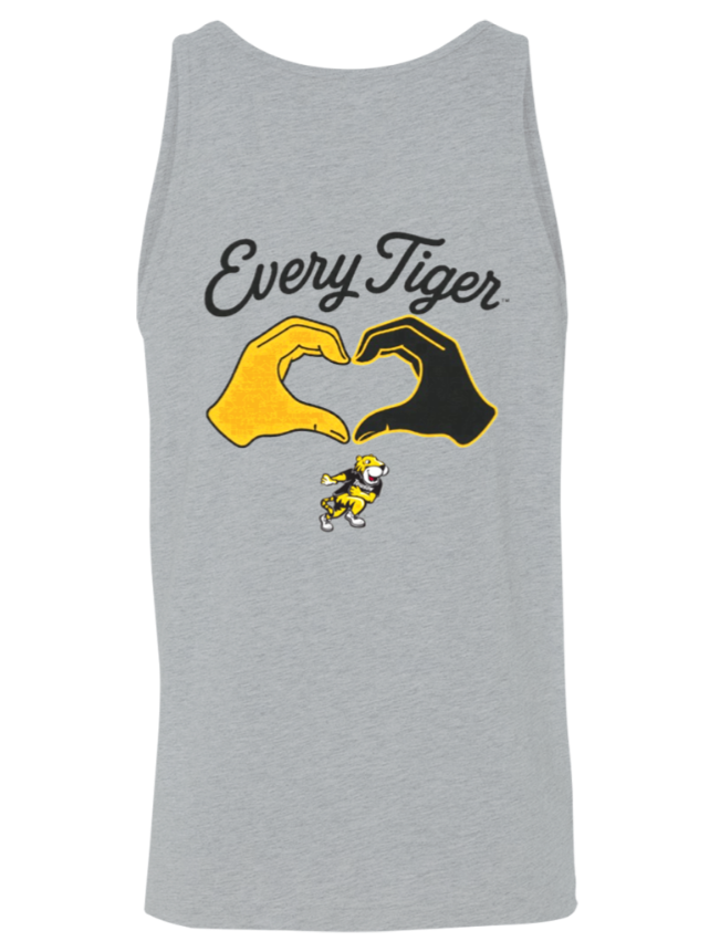 Gray sleeveless shirt with “Every Tiger” text and yellow-and-black hand heart graphic