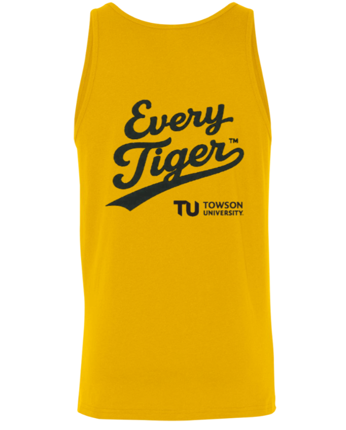 Yellow Towson Tigers tank top with navy logo and text “Every Tigers” and “TU Towson University”
