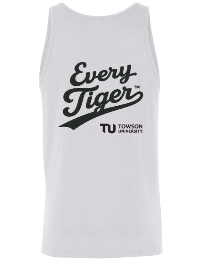 White tank top with “Every Tiger” and Towson University logo printed on the front