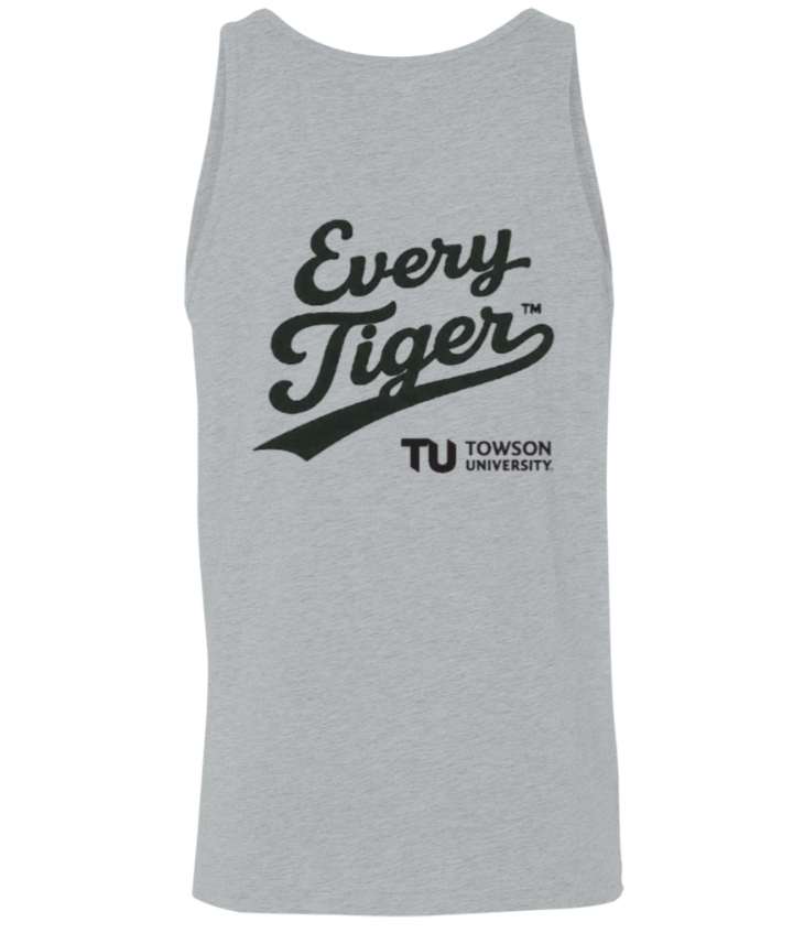 Gray sleeveless tank top with “Every Tiger” and Towson University logo printed in black