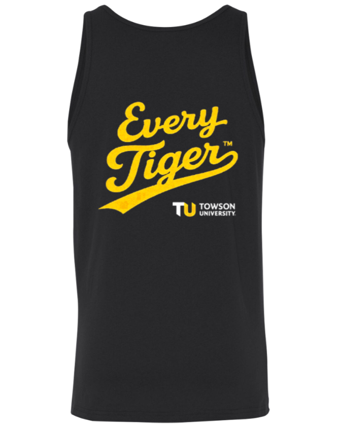 Black sleeveless tank top with yellow “Every Tigers” text and Towson University logo