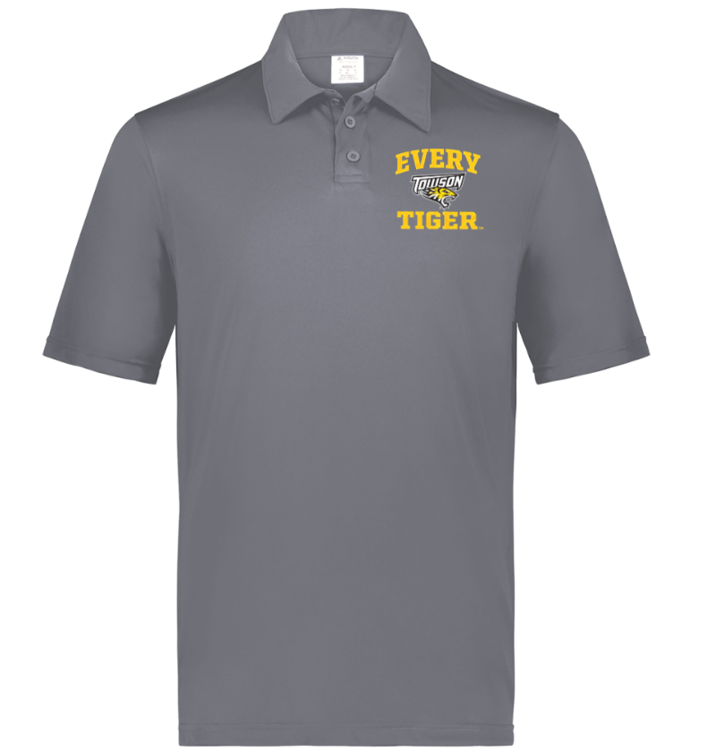 Gray polo shirt with yellow “EVERY TIGER” text and tiger logo on the chest