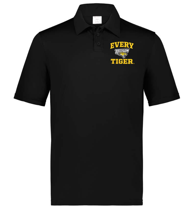 Black polo shirt with yellow “EVERY TIGER” logo on the chest.