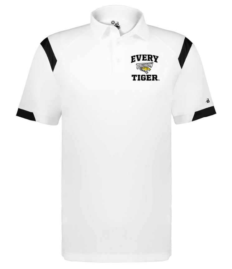 White polo shirt with black shoulder accents and “Every Tiger” logo on the chest