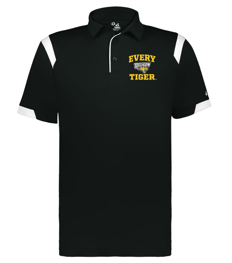 Black short-sleeve polo shirt with white shoulder accents and “EVERY TIGER” text on the chest