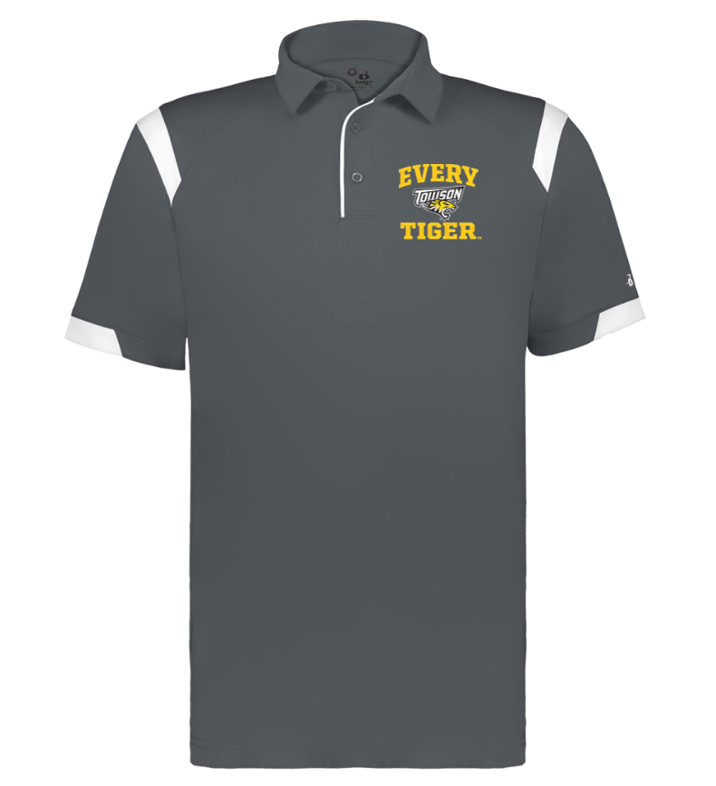 Gray polo shirt with white shoulder accents and yellow "EVERY TIGER." logo on the chest