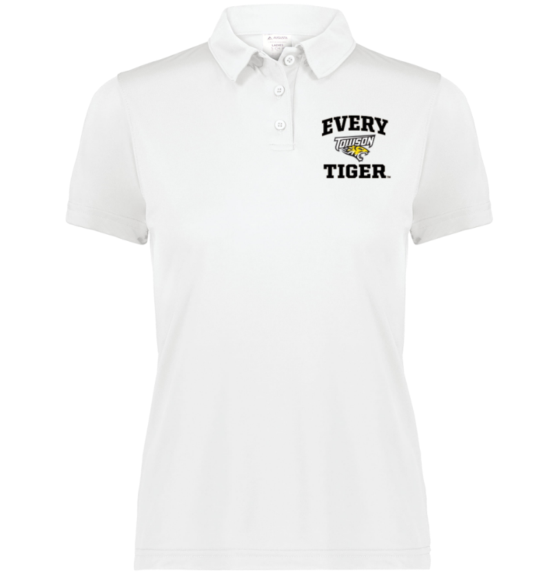 White polo shirt with “EVERY TIGER” text and tiger graphic on the chest