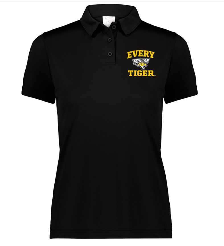 Black polo shirt with yellow “Every Tiger” text and tiger logo on the left chest.