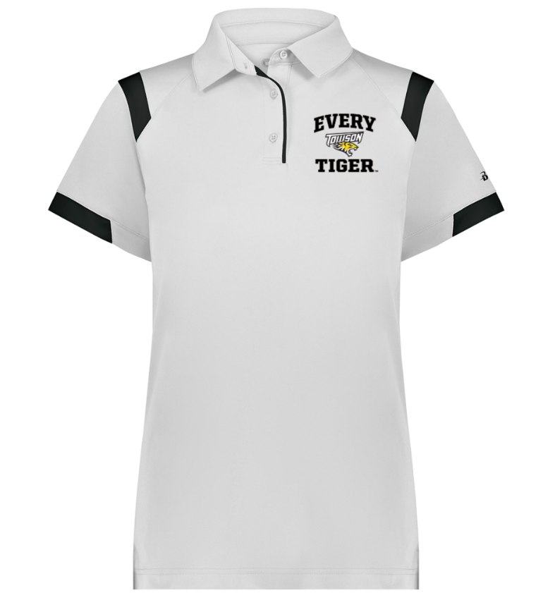 White polo shirt with black shoulder accents and “Every Tiger” logo on the chest