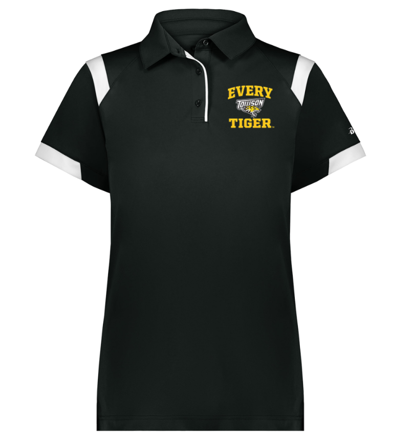 Black polo shirt with white shoulder panels and “EVERY TIGER” text on the chest