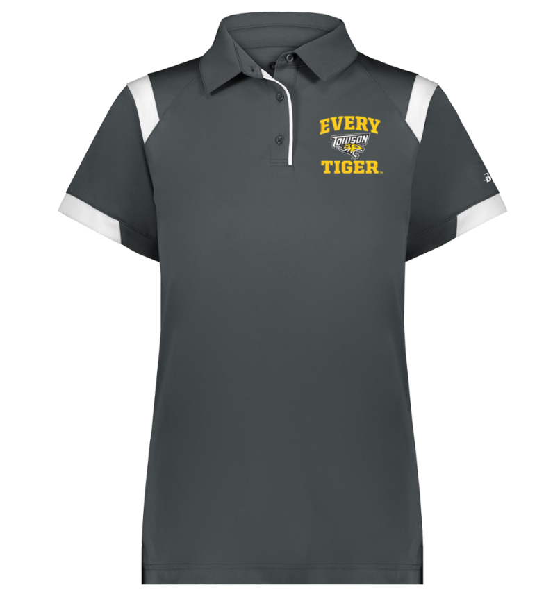 Dark gray polo shirt with white shoulder panels and yellow “EVERY TIGER” text on the chest