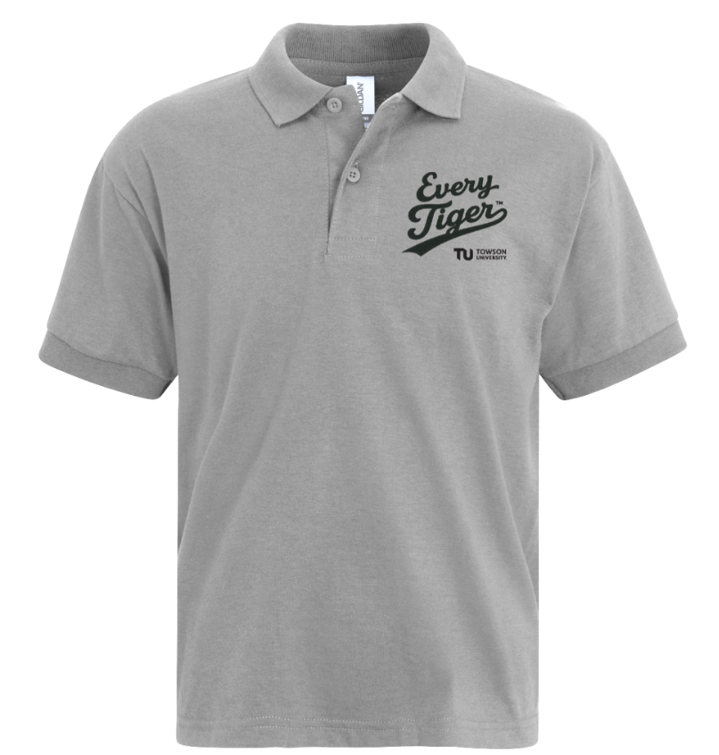 Gray short-sleeve polo shirt with embroidered “Eagle Tigers” logo on the chest