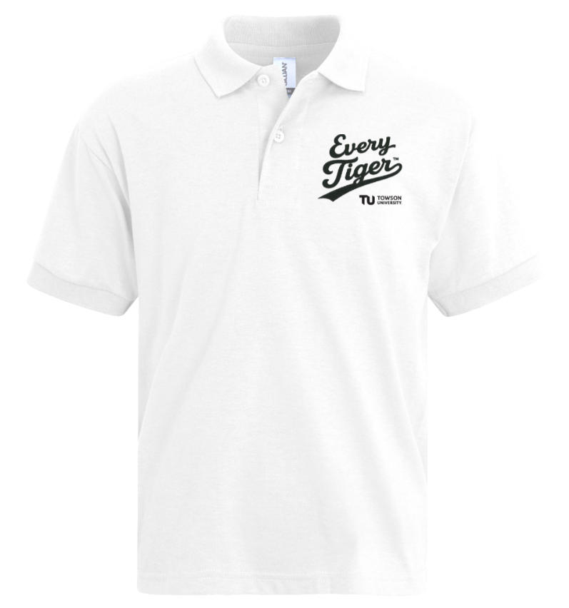 White polo shirt with “Every Tiger” text on the chest