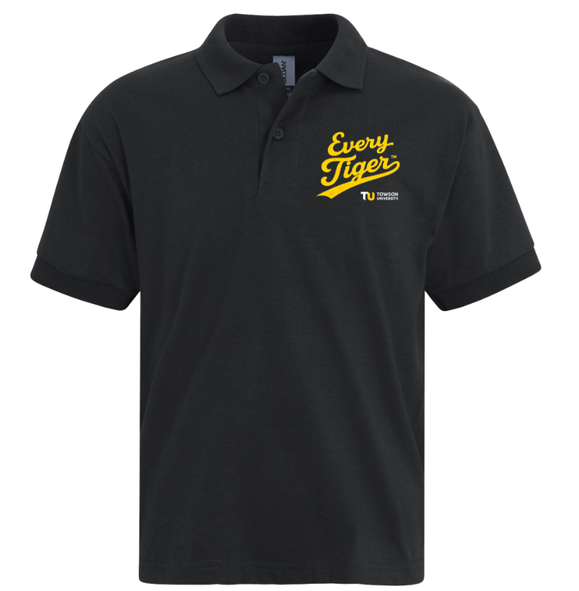 Black polo shirt with yellow “Every Tiger” logo on the chest