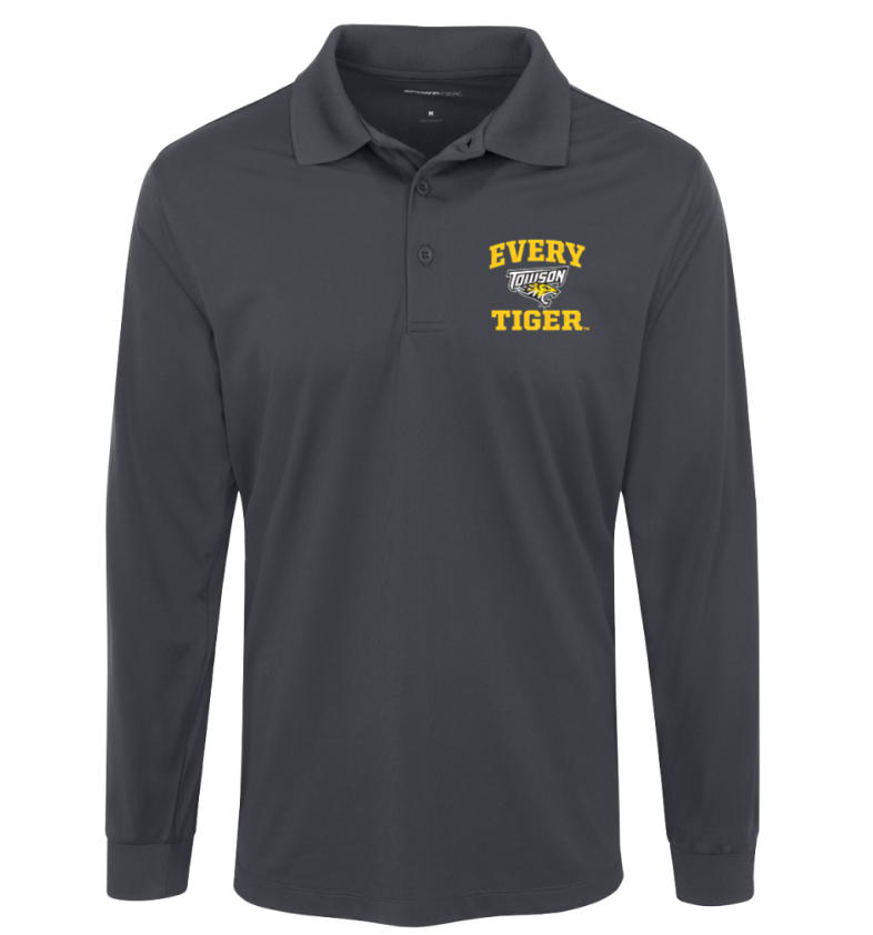 Charcoal gray long-sleeve polo shirt with yellow “EVERY TIGER” text on the chest