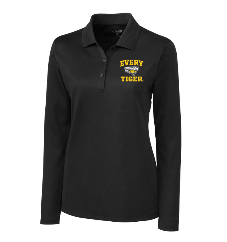 Black long-sleeve polo shirt with a small yellow “EVERY TIGER” logo on the chest