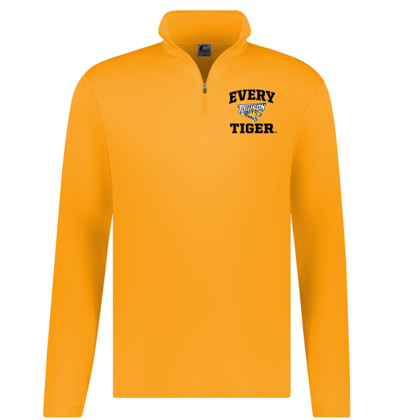 Orange quarter-zip pullover with “EVERY TIGER.” logo on the left chest