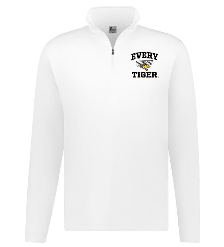 White quarter-zip pullover with “EVERY TIGER.” logo on the left chest