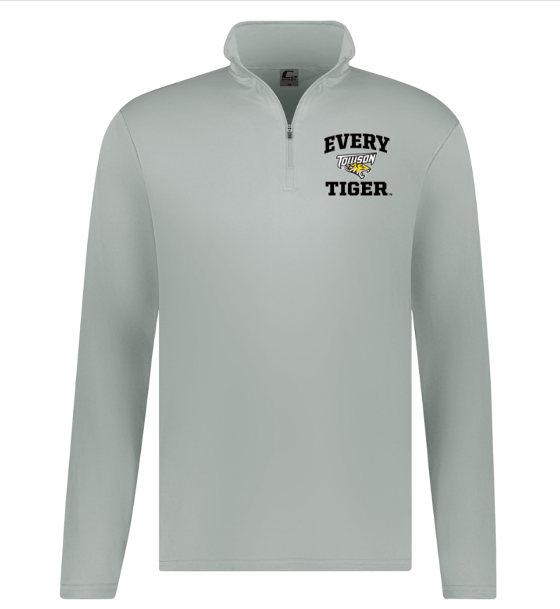 Light gray quarter-zip pullover with “EVERY TIGER” logo on the chest