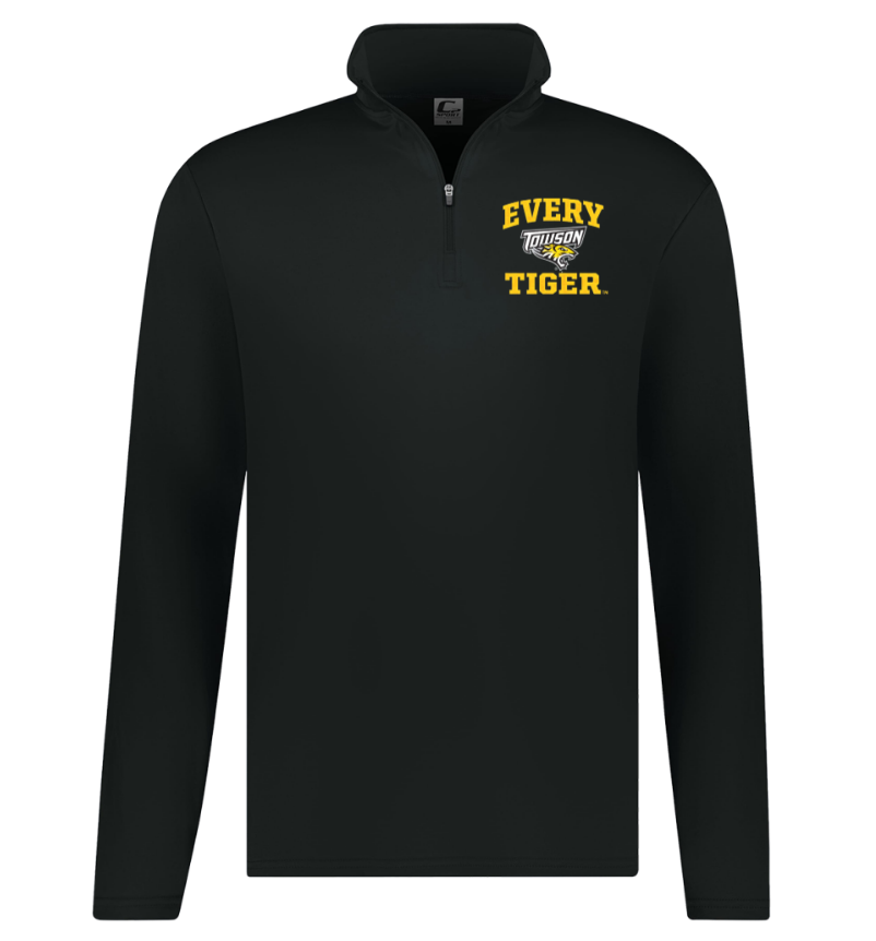 Black quarter-zip pullover with yellow “EVERY TIGER” text and tiger logo on the chest