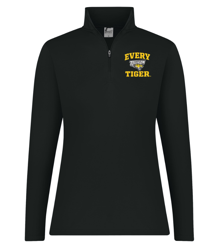 Black quarter-zip pullover with yellow “EVERY TIGER” text on the chest