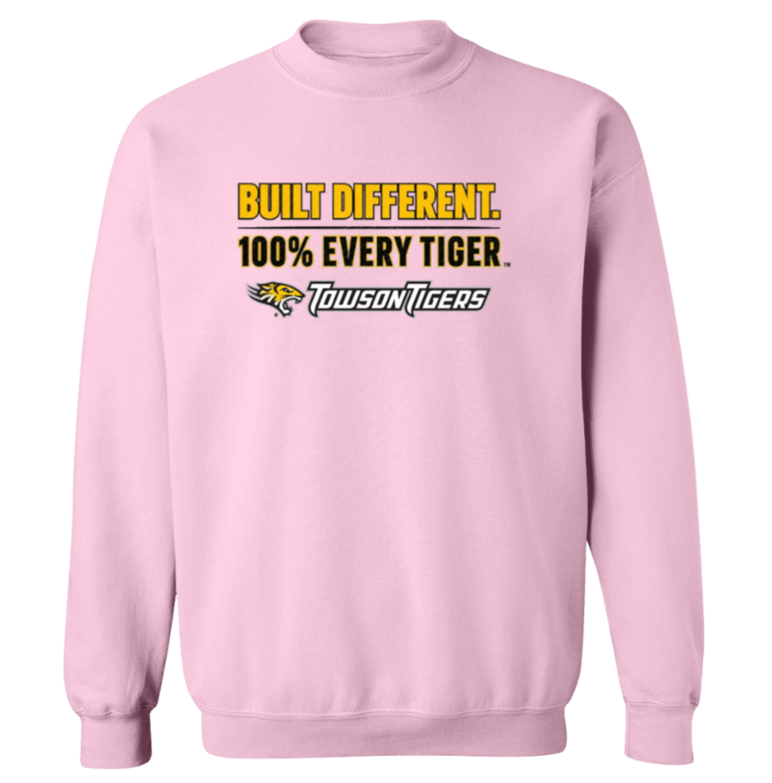 Pink sweatshirt with “BUILT DIFFERENT. 100% EVERY TIGER.” text and TIGERS logo