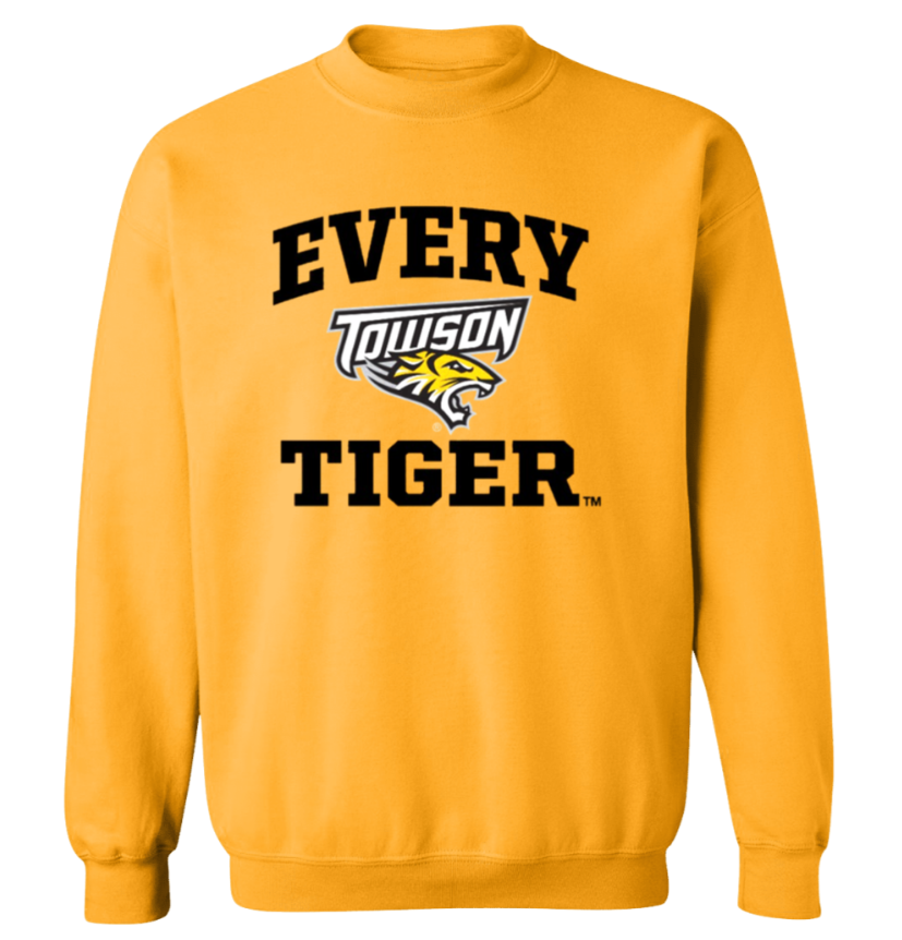 Gold sweatshirt with “EVERY TOWSON TIGER” text and tiger logo printed on the front