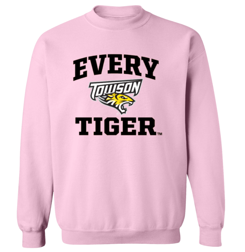Pink sweatshirt with “Every Towson Tiger” logo text in black and yellow.