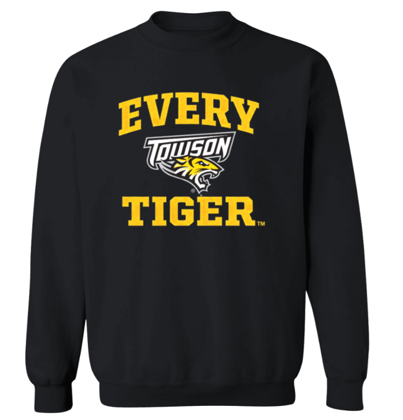 Black sweatshirt with yellow “EVERY TIGER” text and Towson Tigers logo on the chest