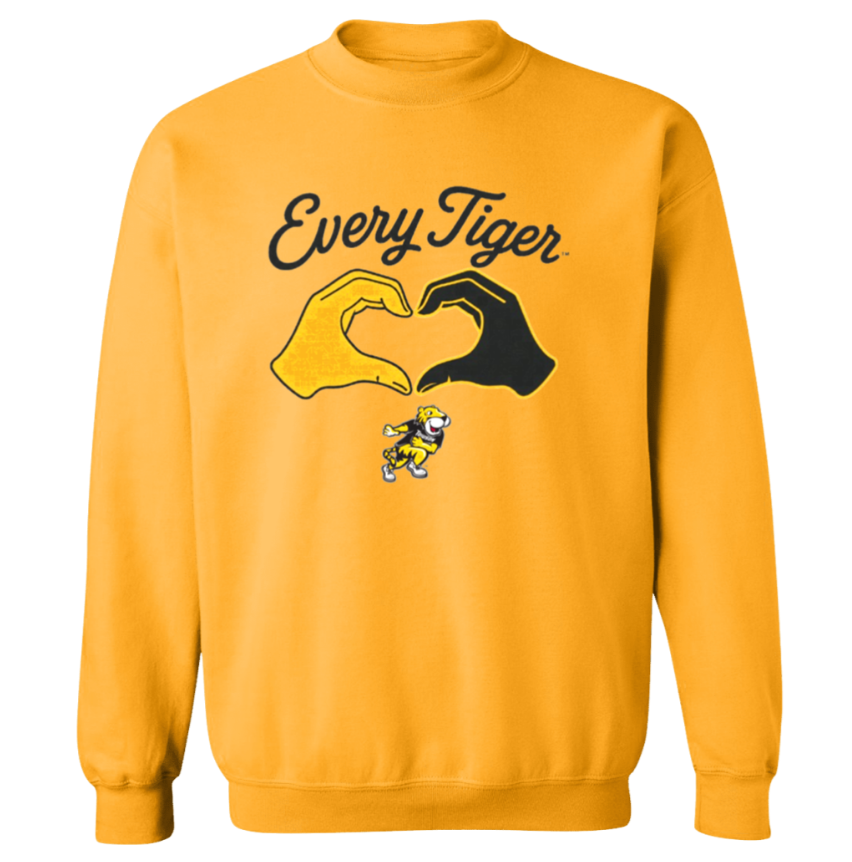 Yellow sweatshirt with “Every Tiger” text and a tiger-hands heart graphic on the front