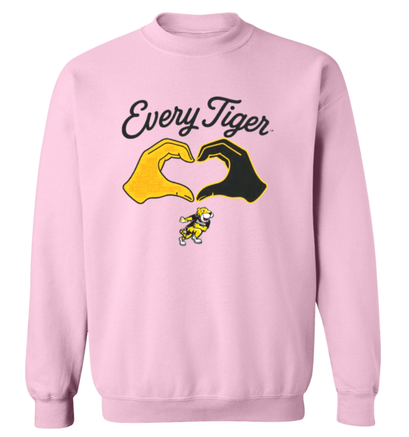 Pink sweatshirt with “Every Tiger” text and a yellow-and-black hands logo on the chest