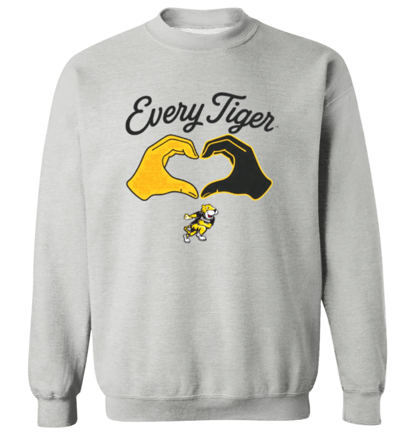 Gray sweatshirt with “Every Tiger” text and yellow-and-black hands forming a heart over a small tiger mascot.