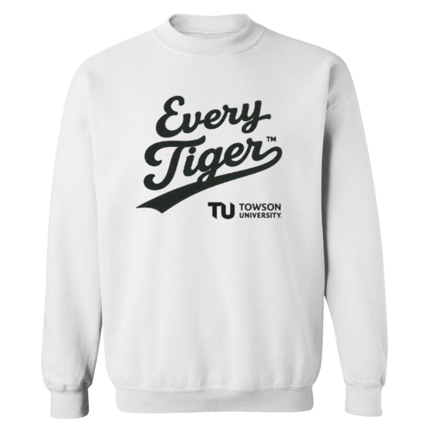White crewneck sweatshirt with “Every Tiger” and Towson University logo printed on the front