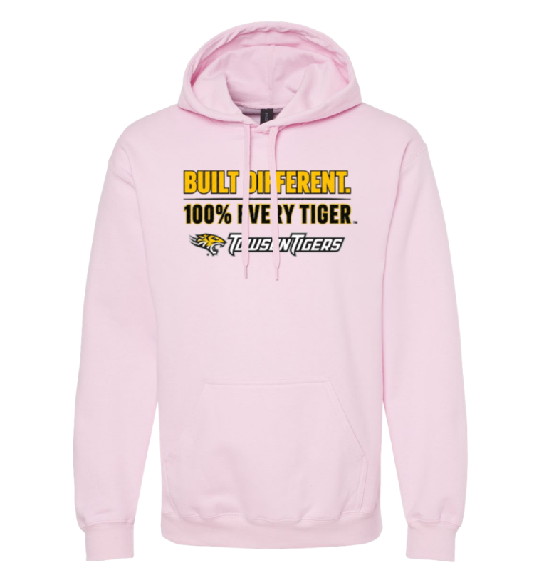 Light pink hoodie with “Built Different, 100% I’m a Tiger” graphic on the front