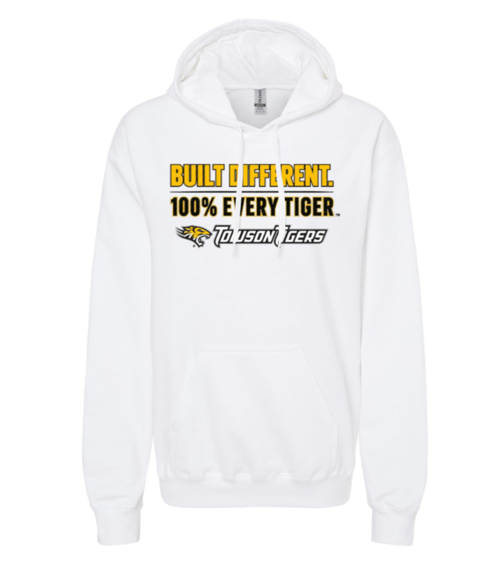 White hoodie with “Built to Rent. 100% Every Tiger.” text and logo on the chest