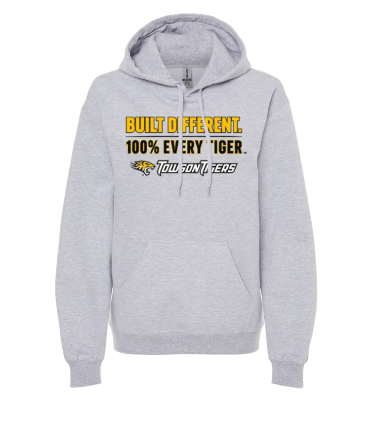 Light gray hoodie with yellow and black “Built Different 100% EVR TIGER” graphic on the chest